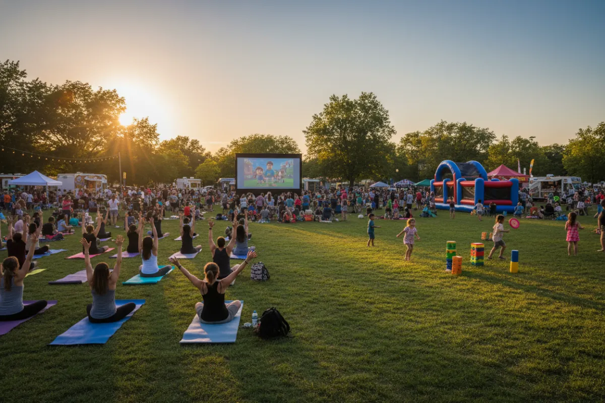 A lively Springfield park event with families watching an outdoor movie, children playing lawn games, and a group participating in a yoga class on the grass at sunset.
