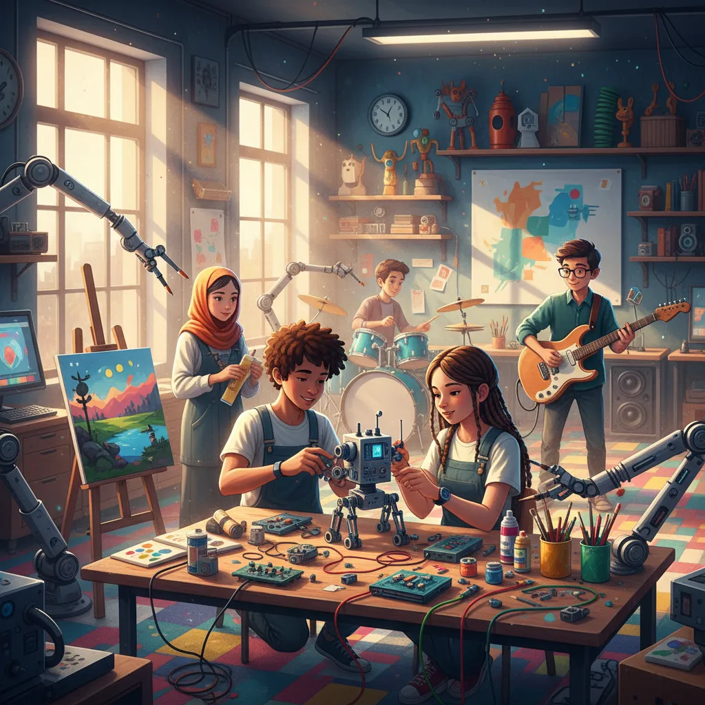 Diverse group of students in a science lab, robotics equipment, art supplies, and musical instruments, collaborative learning, bright classroom, energetic atmosphere