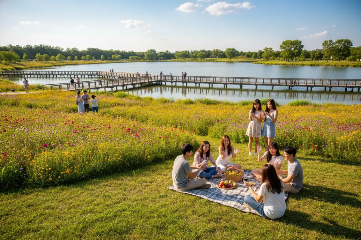 A panoramic view of a Springfield destination park with a lake, wildflowers, and a wooden boardwalk, families taking photos, and a group of friends enjoying a picnic on a sunny afternoon.