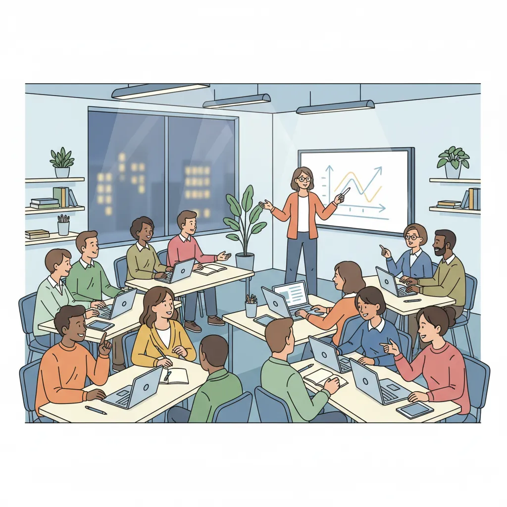 Adult students in a modern classroom, laptops and notebooks, instructor at whiteboard, multicultural group, focused and collaborative, evening setting. The image is a clean vector illustration, 1:1 aspect ratio, representing lifelong learning.