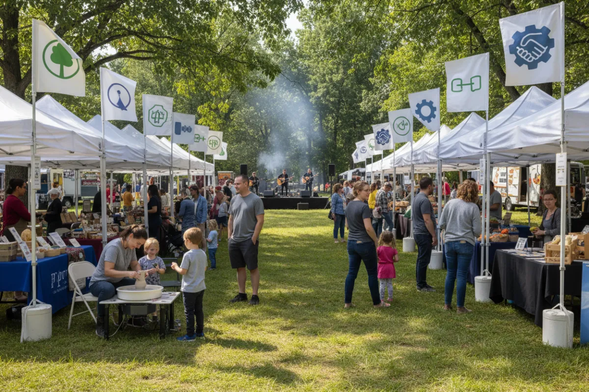 A lively Springfield VA community event in a park, with local business booths, banners, and residents engaging with vendors. The scene includes families, business owners, and children, all interacting in a festive, supportive environment that highlights local commerce and community connection.