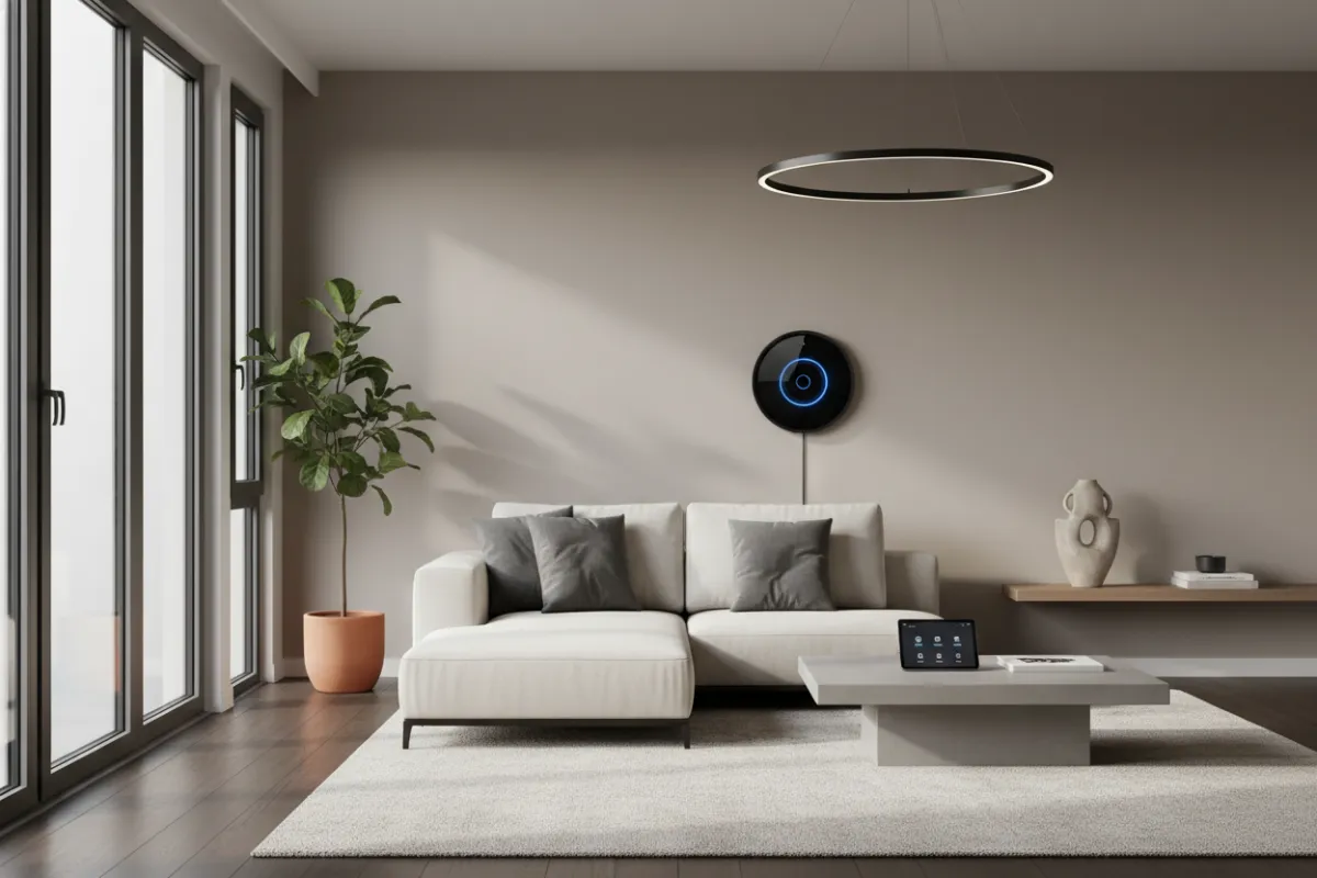 Interior-focused photorealistic shot of a staged Springfield living room: neutral tones, smart-thermostat visible, tasteful furnishings, natural window light; highlights move-in ready lifestyle and smart-home accents.