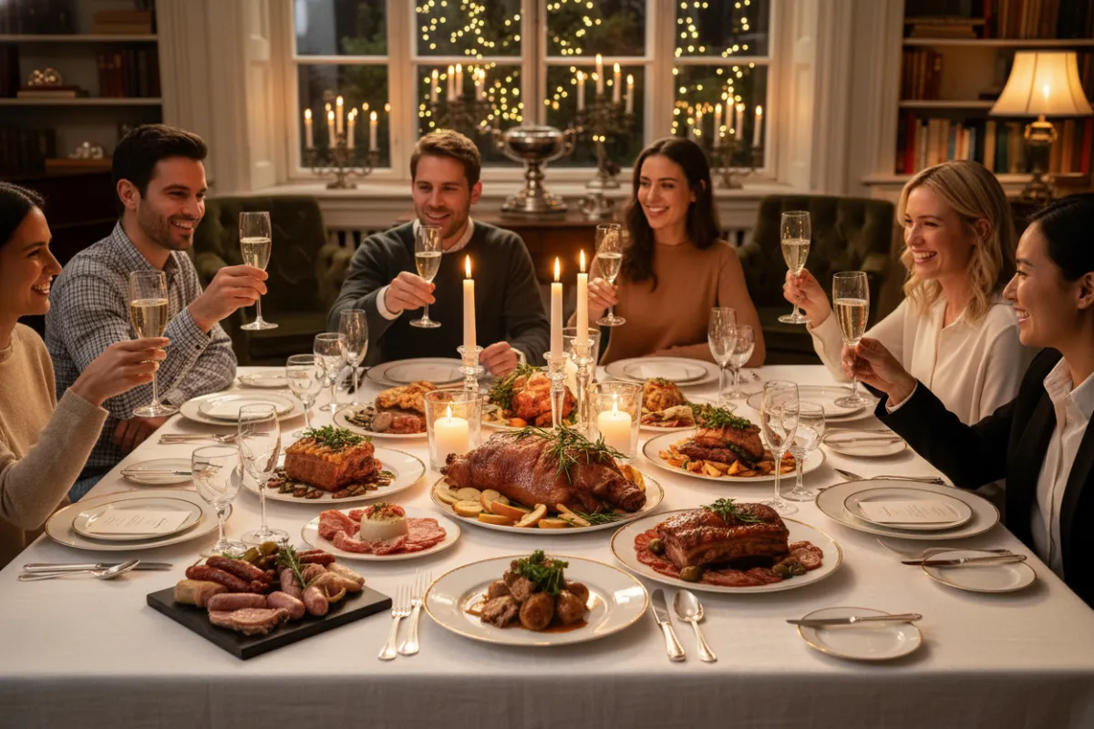 A festive dining table set for a celebration, featuring a centerpiece of gourmet pork dishes, elegant tableware, and sparkling glasses. The scene is lively, with diverse guests enjoying a shared meal in a warmly lit, upscale setting.