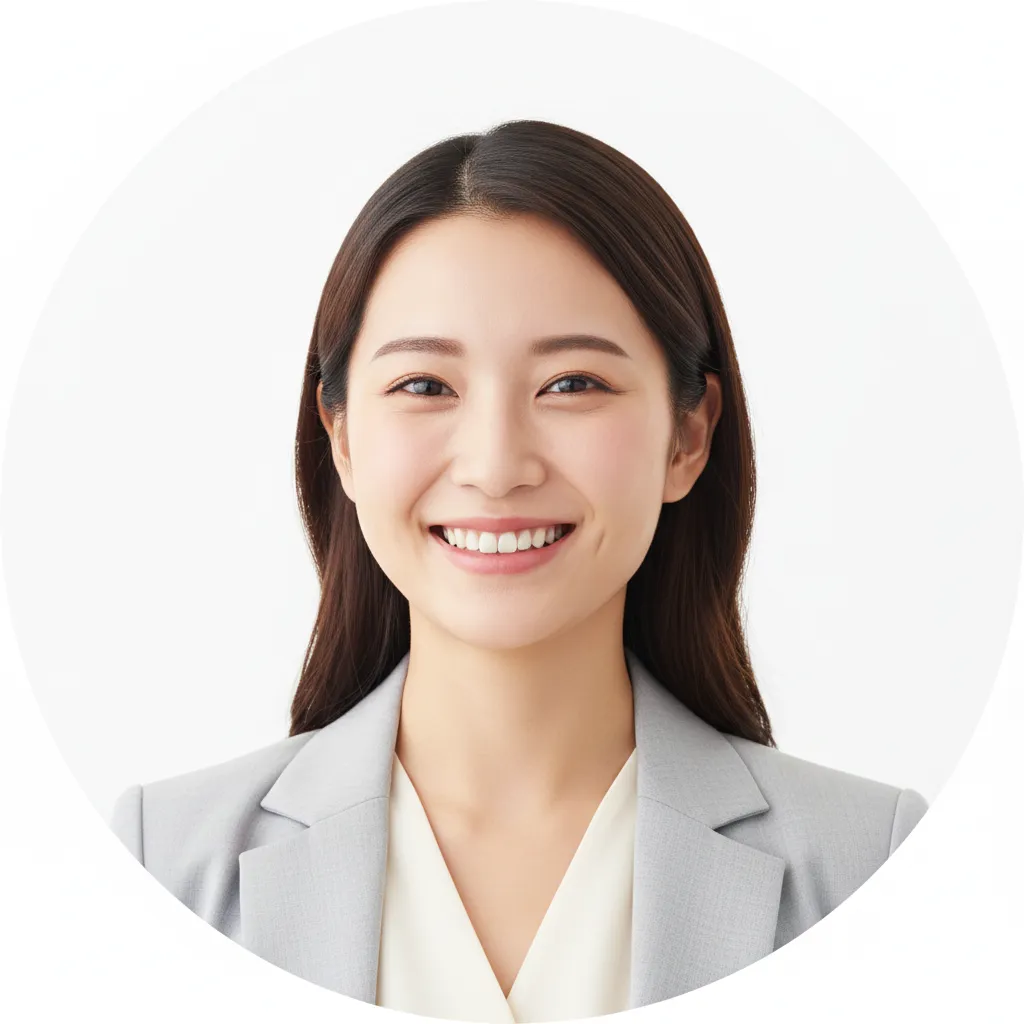 Headshot of a young entrepreneur, enthusiastic smile, tight circular crop, high key lighting to feel modern and optimistic.