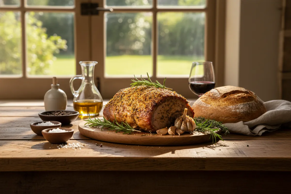 A rustic wooden table set with a gourmet pork roast, fresh herbs, and artisan bread, sunlight streaming through a farmhouse window, evoking warmth and culinary craftsmanship. The scene is styled for a premium dining experience, with natural textures and rich, inviting colors.
