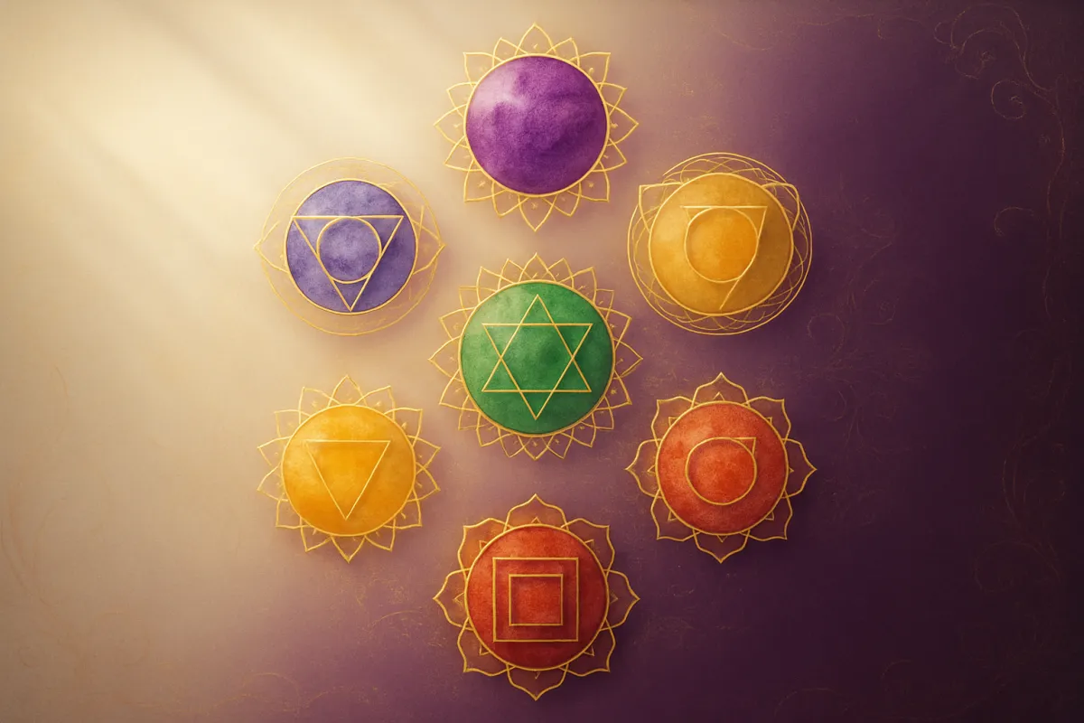 A serene composition of golden geometric overlays and chakra-inspired watercolor orbs arranged over an ivory and deep plum gradient, soft light rays and subtle gold filigree, ethereal, luminous aesthetic.