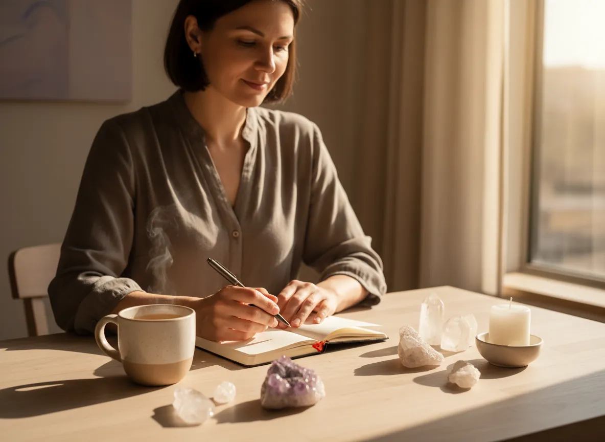 Woman journaling during a spiritual awakening and personal transformation ritual