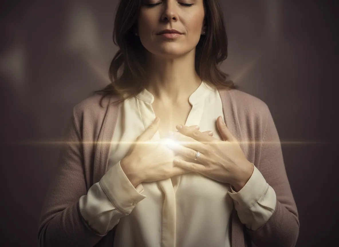 Woman holding heart space, practicing intuitive healing and energy work