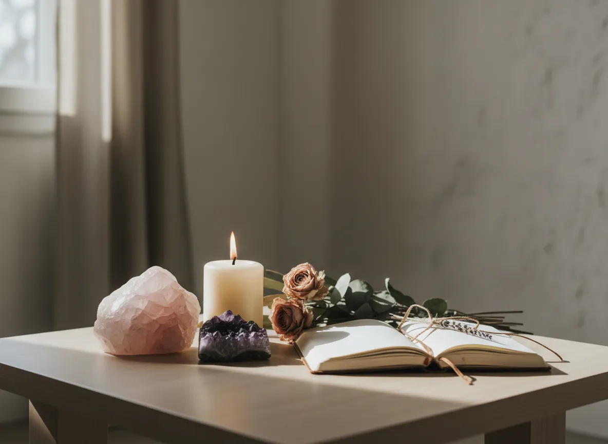 Sacred space with candles and crystals for intuitive development practice