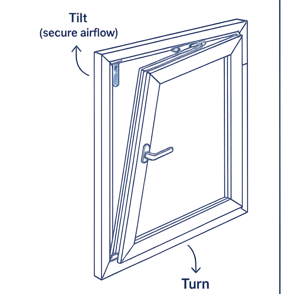 Technical blueprint illustration of a tilt and turn window mechanism