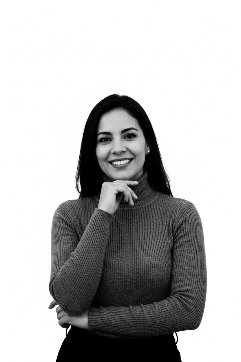 Portrait of a mid-30s Latina operations lead smiling with hand on chin