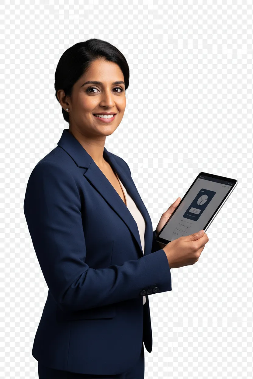 Portrait of a mid-30s South Asian female founder in a navy blazer holding a tablet