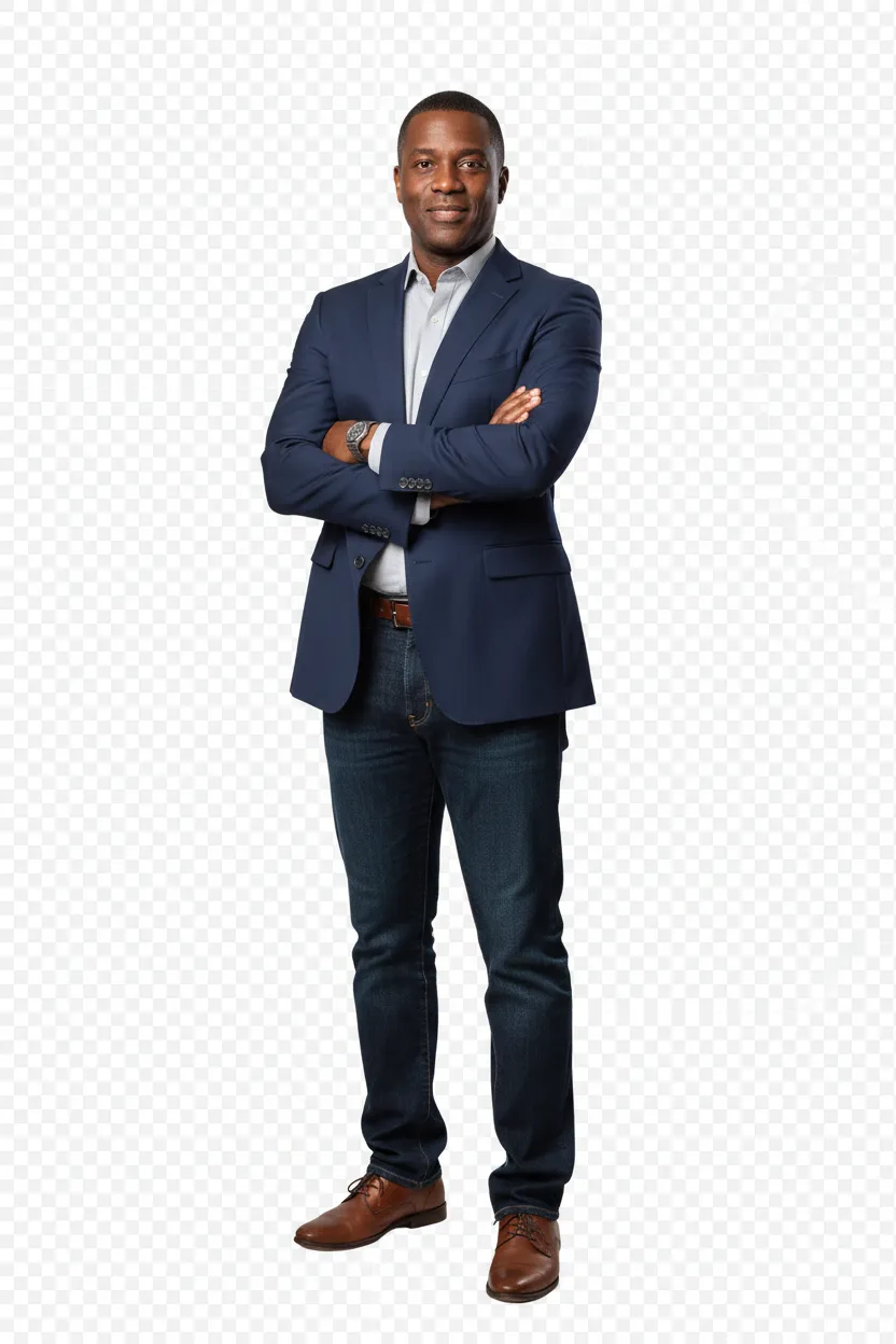 Portrait of a Black male CTO in his early 40s with arms crossed