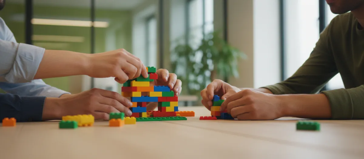 Hands building with Lego blocks