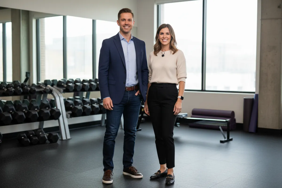 Portrait of two expert speakers, one male and one female, standing confidently in a modern fitness studio, both smiling and wearing professional attire.