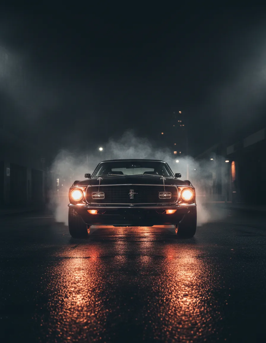 Aggressive classic American muscle car with bright headlights illuminating smoke