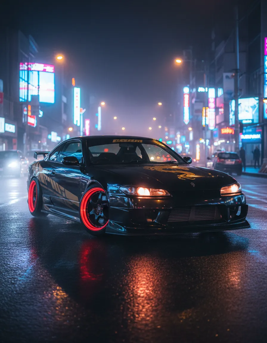 Moody JDM tuner car drifting through city streets at night