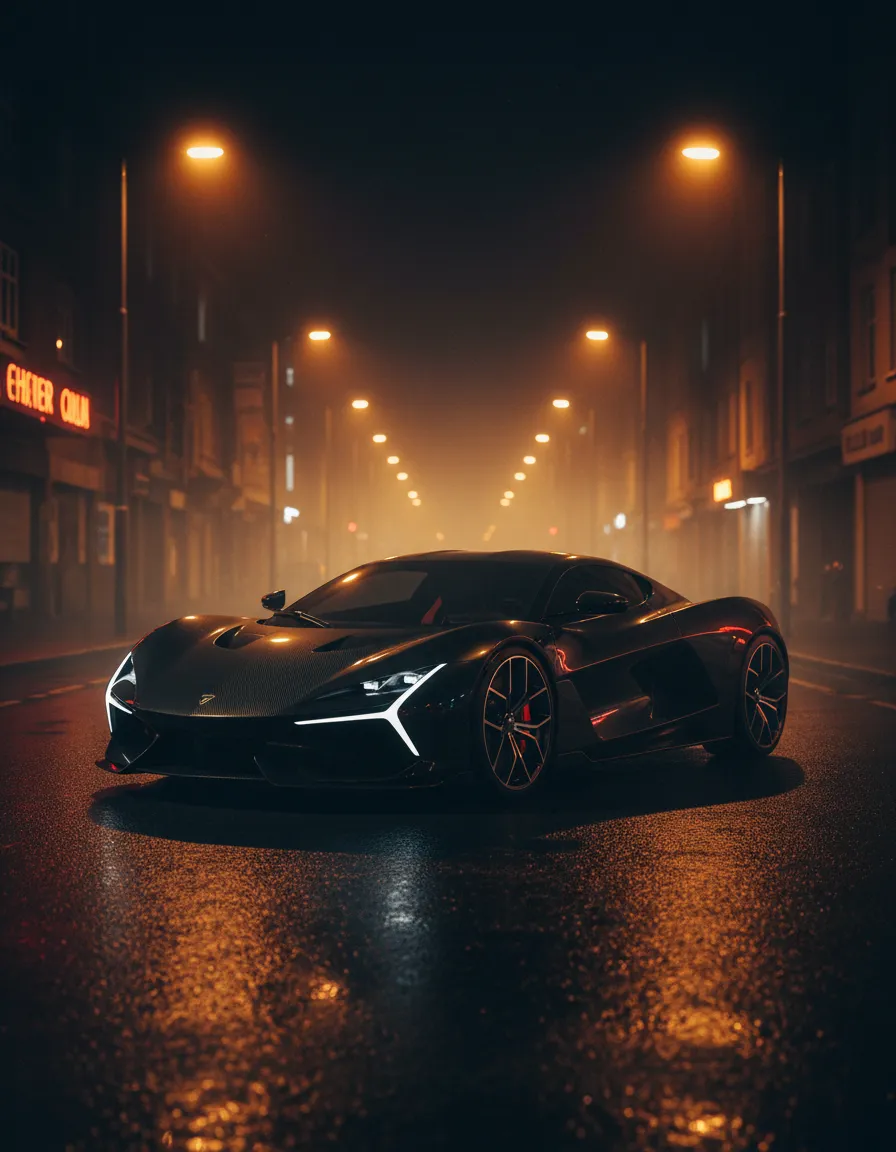 Sleek European exotic supercar parked under orange streetlights