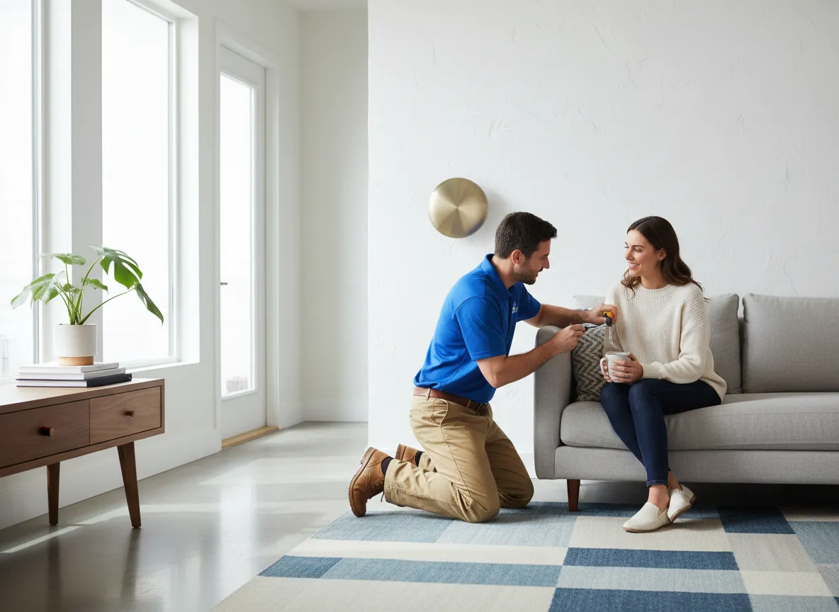 Professional home service technician working in a modern living room