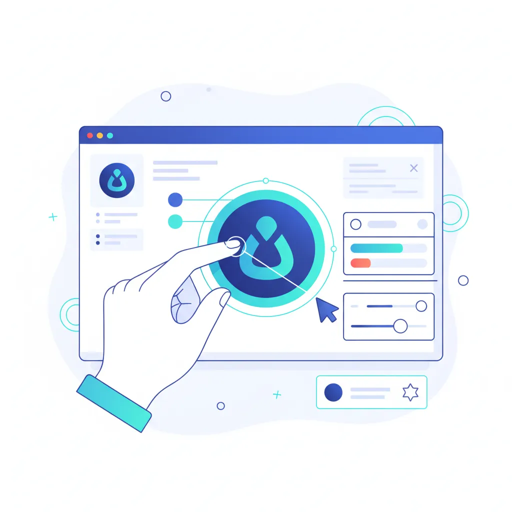 Ilustración de una mano ajustando el logotipo en la interfaz de un CRM, con elementos de personalización visual y colores corporativos.