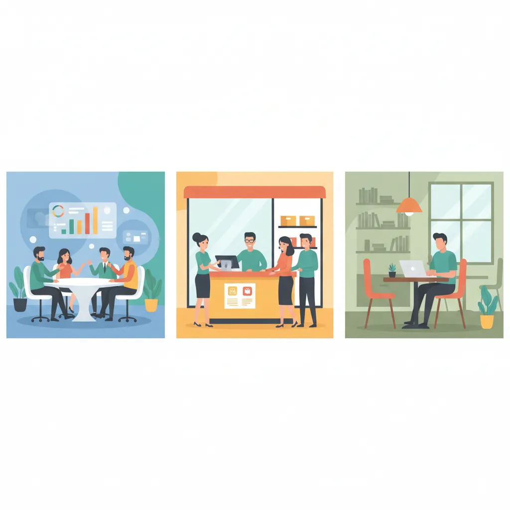 Ilustración de agencia digital colaborando en una sala de juntas