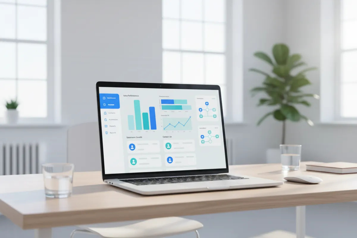 A modern CRM dashboard interface with charts, contact lists, and automation tools, shown on a laptop in a bright office setting. The interface uses blue and teal accents, with clear navigation and data visualization elements. No people are present.