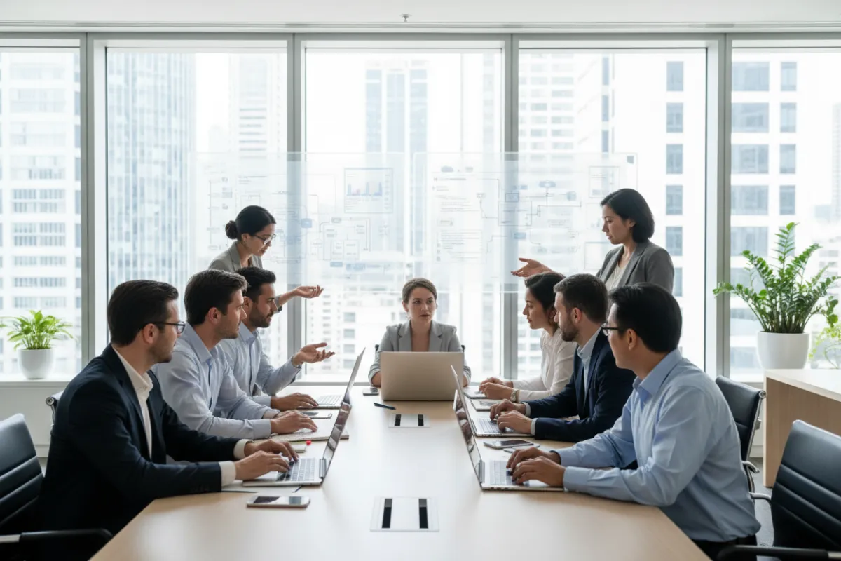 Equipo de expertos en tecnología colaborando en una sala de juntas moderna, con laptops y pizarras digitales, representando diversidad de género y etnias, ambiente profesional y colaborativo, estilo realista, fondo de oficina luminosa