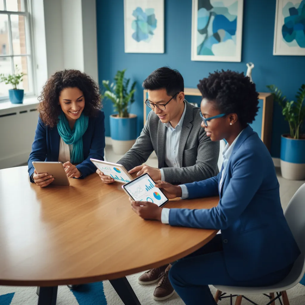 A diverse team of three small business owners collaborating around a table with tablets and smartphones, reviewing CRM analytics. The workspace is bright, with blue and teal accents, and the mood is focused and optimistic.
