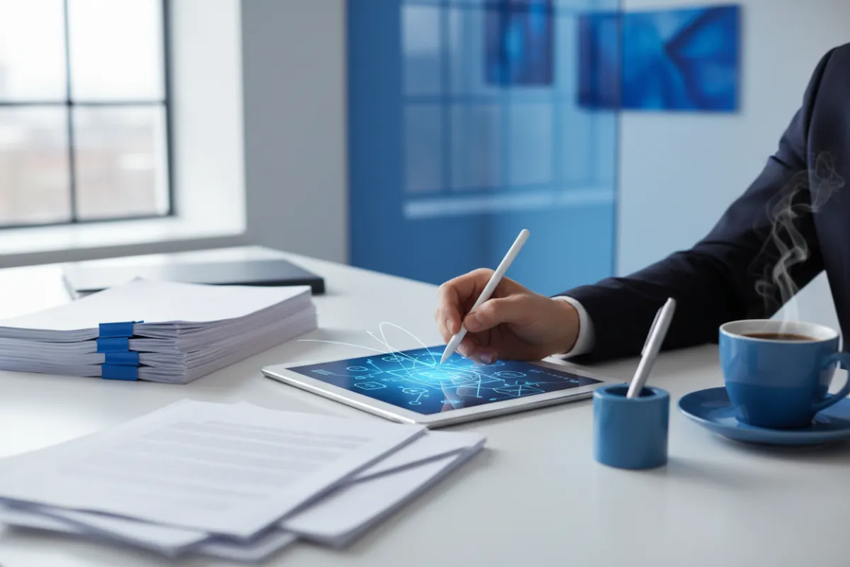 A close-up of a hand signing a digital contract on a tablet, with legal documents and a coffee cup on a white desk. The scene is professional, with blue accents and natural daylight, emphasizing clarity and transparency.