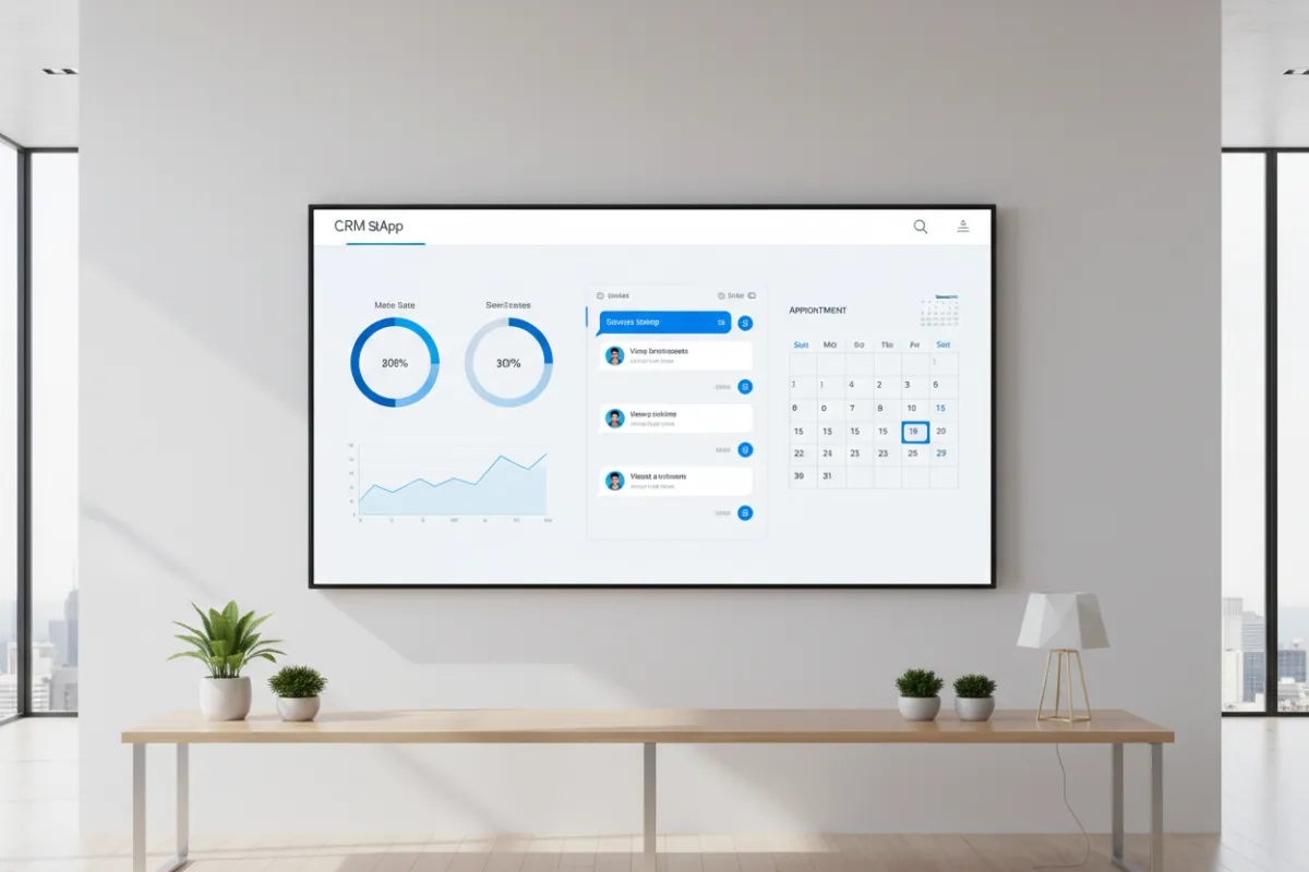 Vista de panel CRM con gráficos y chat
