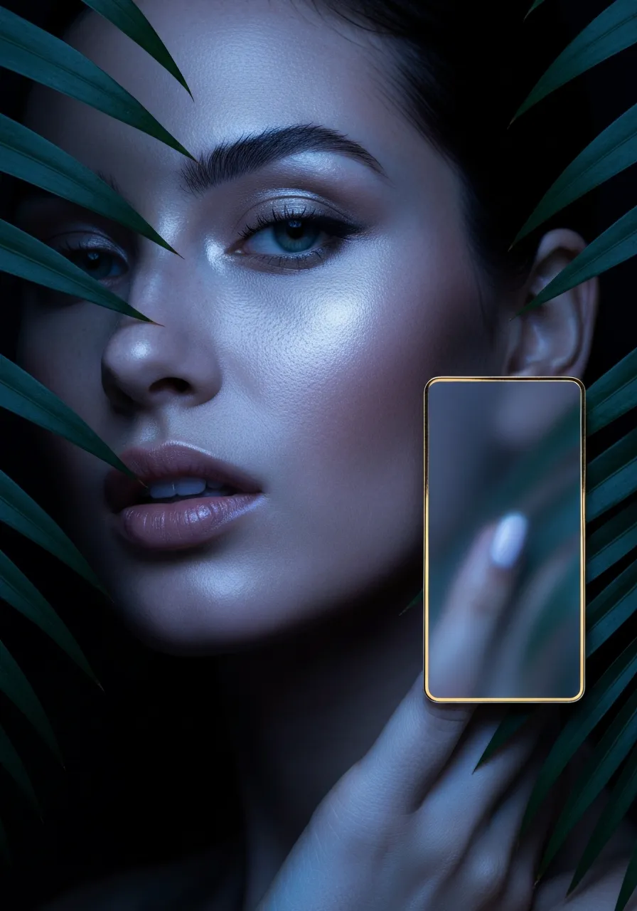 Beauty portrait of woman with clear skin framed by leaves