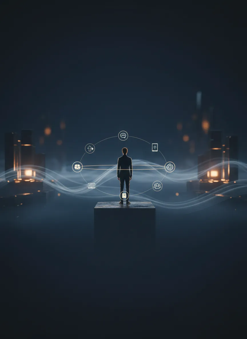 Person viewed from behind facing a landscape, YOU At The Center Of Everything We Do text overlay, surrounded by small orbiting icons
