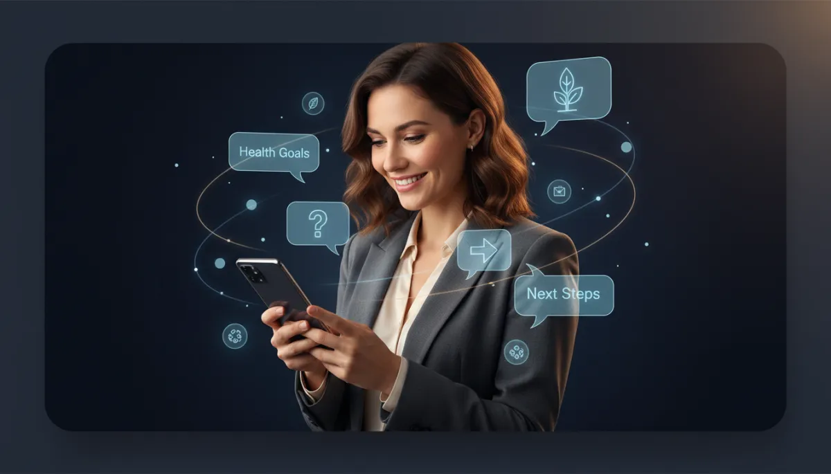 Woman smiling at phone with floating tech bubbles