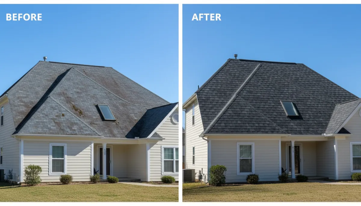 Before and after asphalt shingle roof replacement Alpharetta GA