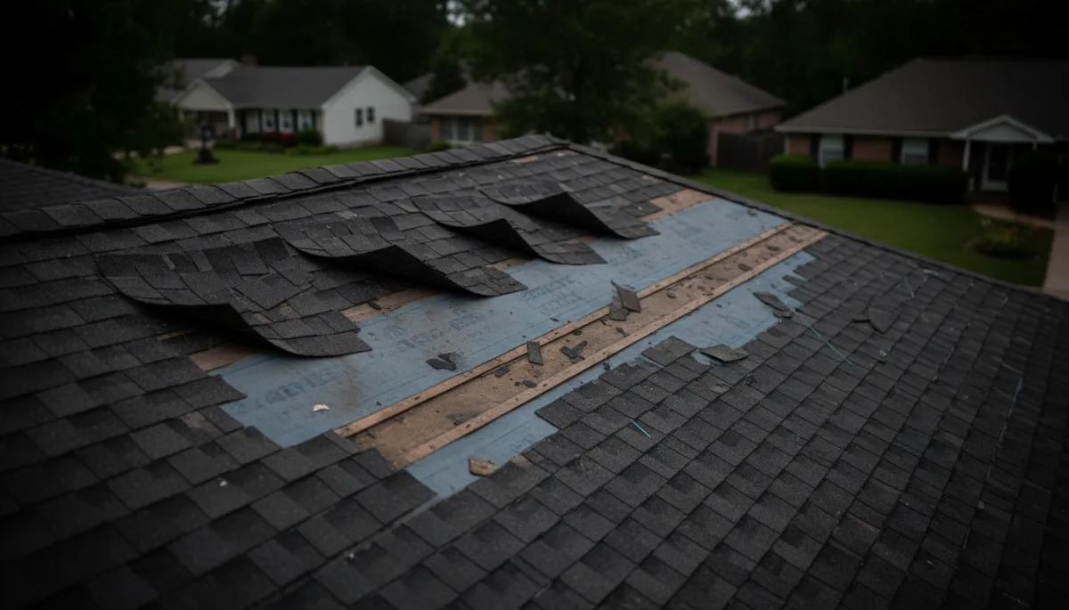 Wind damage missing shingles before repair North Atlanta