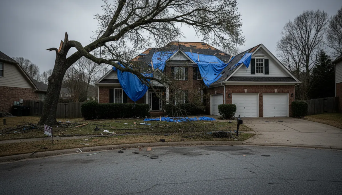 Storm damaged roof tarped before replacement
