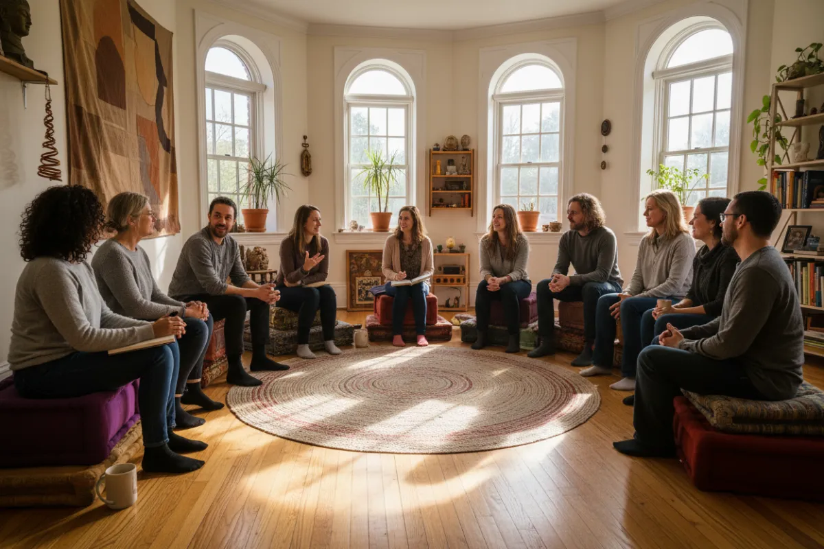 A diverse group of adults in a circle, engaged in lively discussion in a bright community room, representing group learning and shared spiritual discovery.