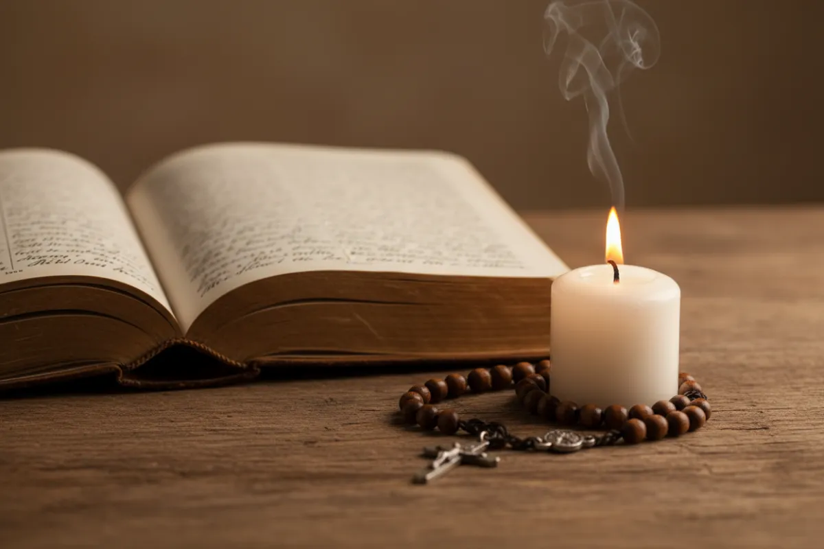 A close-up of an open journal with handwritten reflections, a lit candle, and a rosary on a wooden table, evoking personal spiritual practice and contemplation.