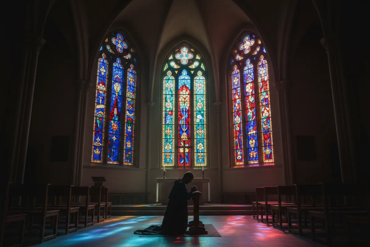 A serene chapel interior with stained glass windows casting colorful light, a single person in prayerful posture, symbolizing sacred space and spiritual focus.