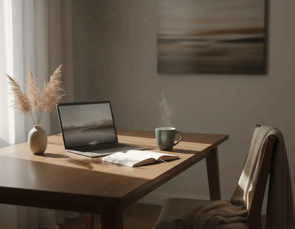 Lifestyle image showing a calm, reflective online session setup