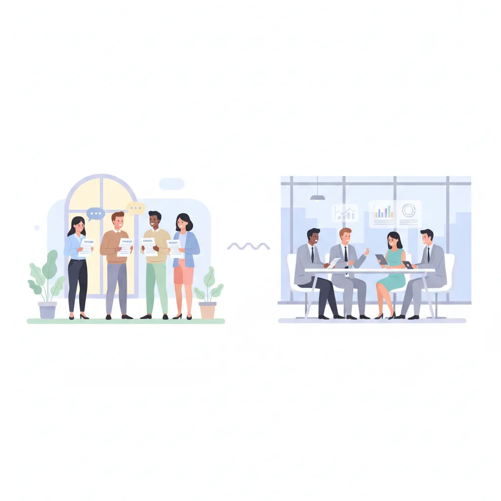 A diverse group of job seekers and a business team, flat vector art