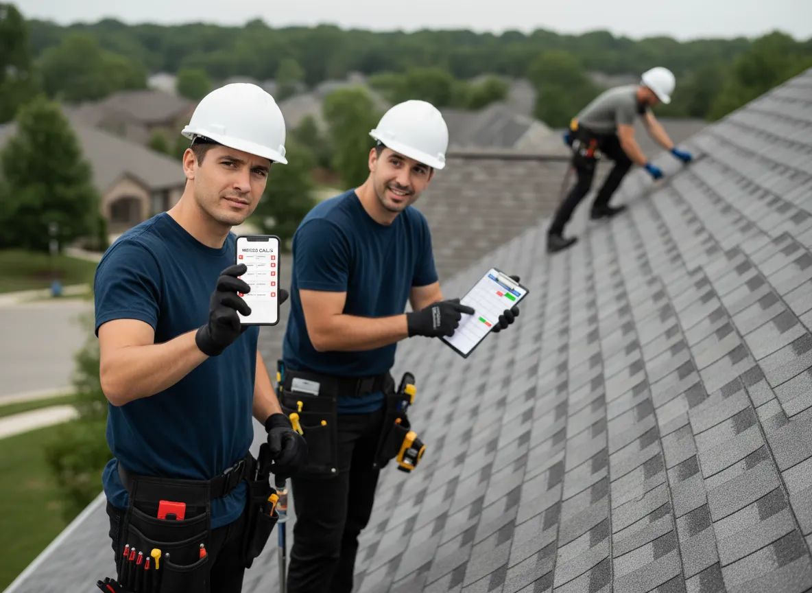 Roofing team on a roof taking a phone call with schedule visible