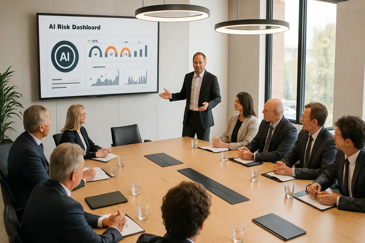 Boardroom with executive presenting an AI risk dashboard to directors