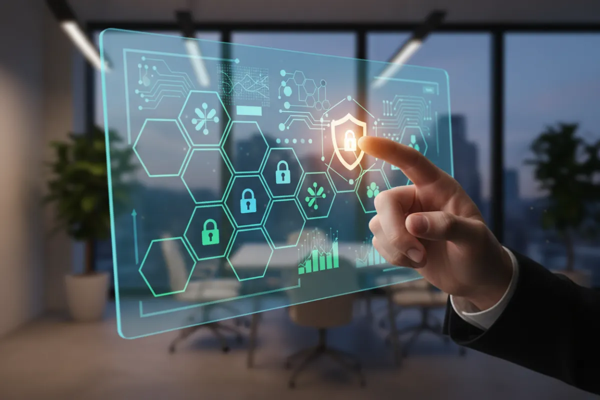 A close-up of a secure dashboard interface displaying anonymized user analytics, with a professional hand pointing to a privacy icon. The background is a sleek office environment, highlighting responsible and secure data usage.