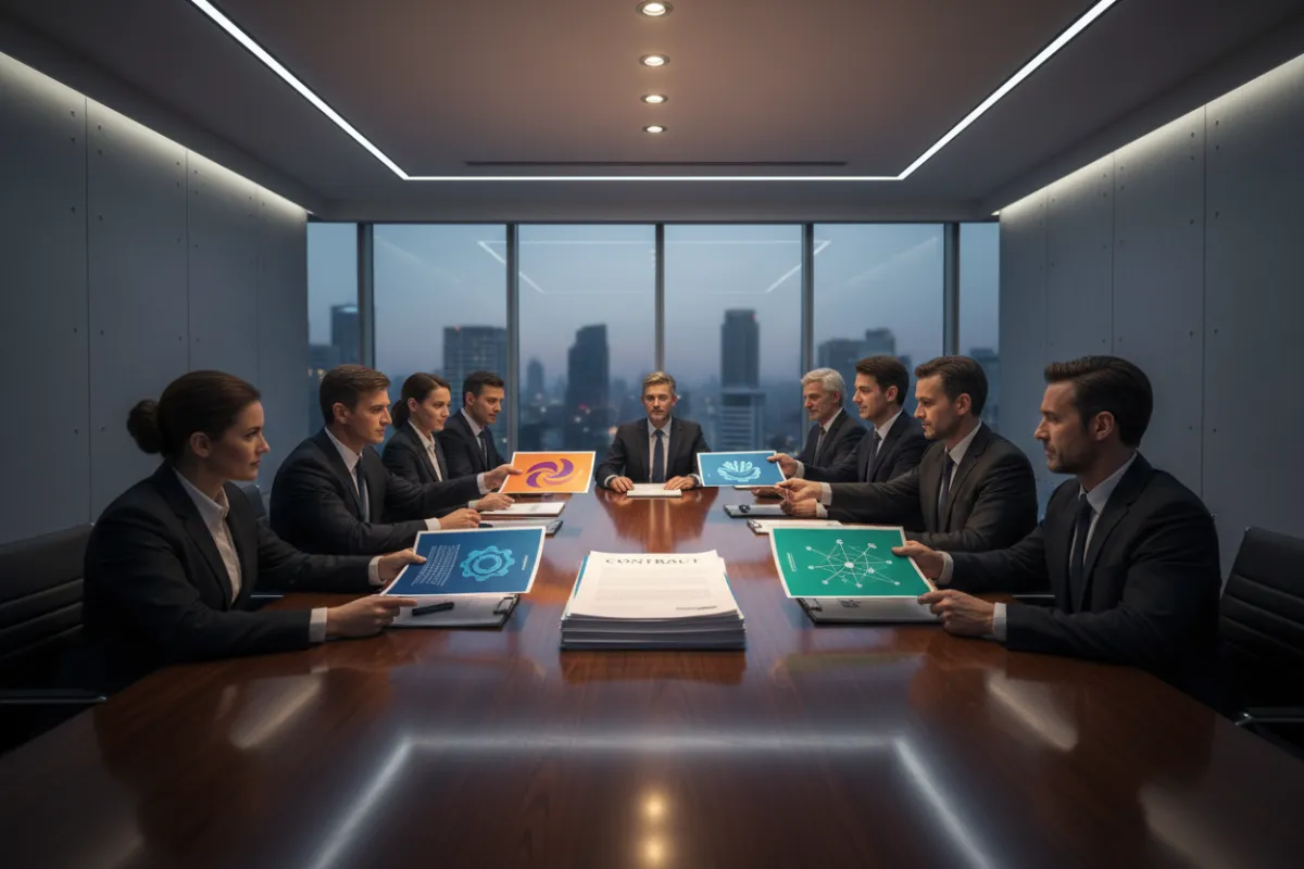 A meeting table with representatives from different companies exchanging documents, each with distinct branding. The environment is professional, and a visible contract highlights the transparency of third-party data sharing agreements.