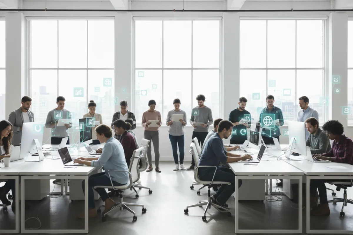 A diverse group of people using laptops and tablets in a bright, modern workspace, with digital icons representing data points floating above their devices. The scene is lively, collaborative, and emphasizes transparency in data collection.