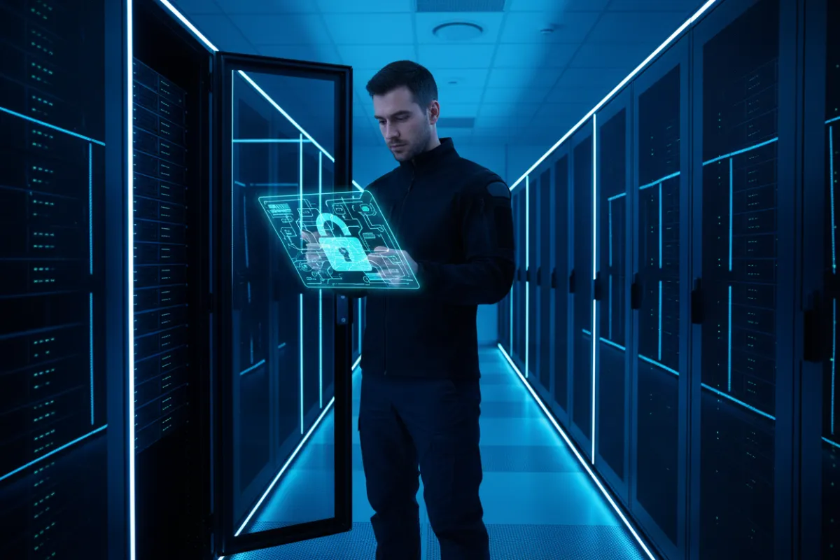 A secure server room with blue ambient lighting, racks of servers, and a digital lock overlay. A security professional is monitoring data on a tablet, emphasizing robust protection and vigilance in data security practices.
