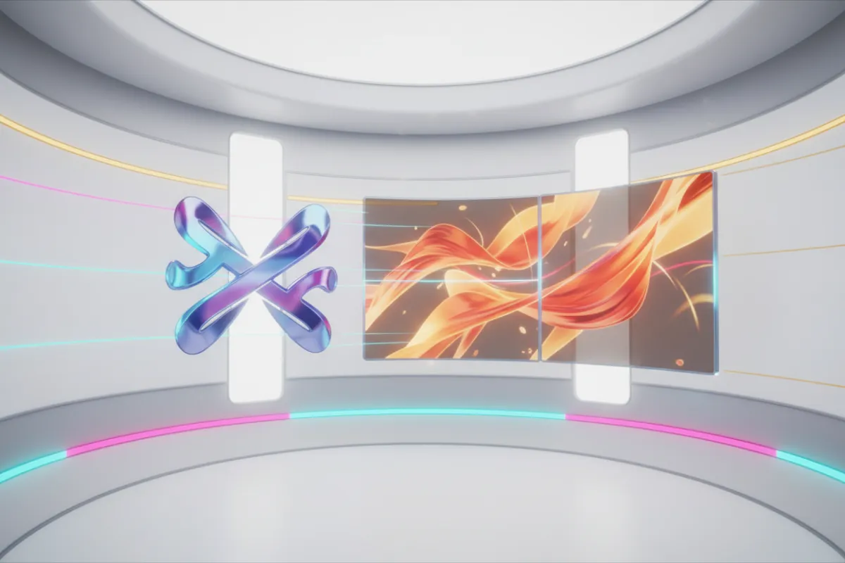 A sleek, animated storyboard with cinematic lighting, showing a brand logo transforming into a dynamic video ad. The setting is clean and futuristic, with vibrant colors and a sense of effortless motion.