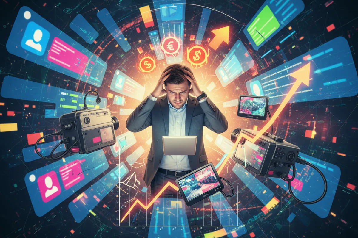A cluttered digital landscape with overlapping social media feeds, faded traditional video cameras, and a frustrated business owner looking at rising costs. The scene is bright, busy, and visually overwhelming, highlighting the struggle to stand out.