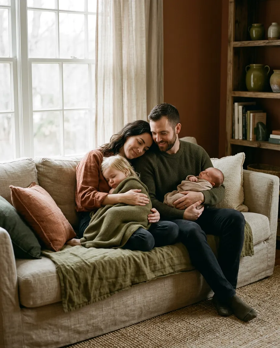 Quiet family afternoon cuddle on linen sofa illuminated by soft window light